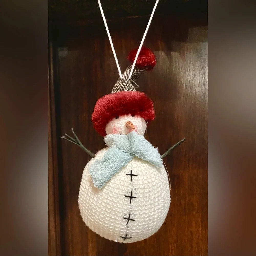 Snowman Cream Fabric Stick Arms Blue Scarf Red Hat Holiday Christmas Ornament